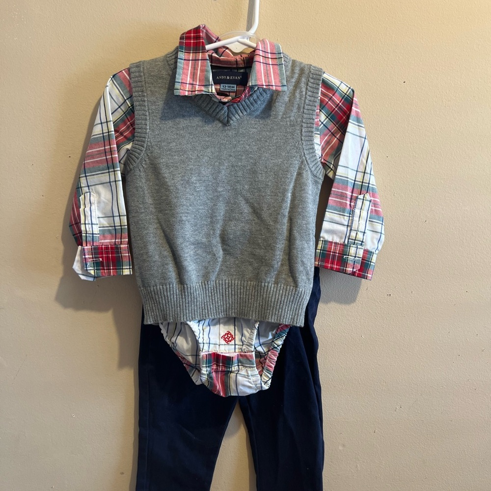 Andy & Evan Red/Gray Plaid Button Down Shirt and Gray Vest, navy pants Set